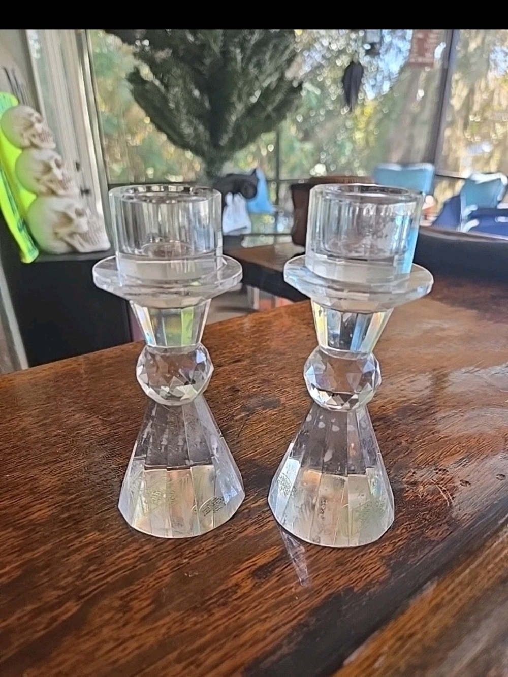 Clear Glass Crystal-Style Candle Holders - Set of 2